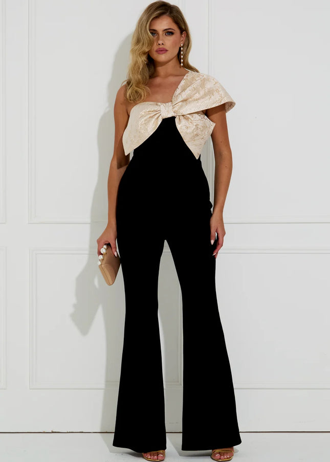 Baroque Velvet Bow Jumpsuit - Black/Gold
