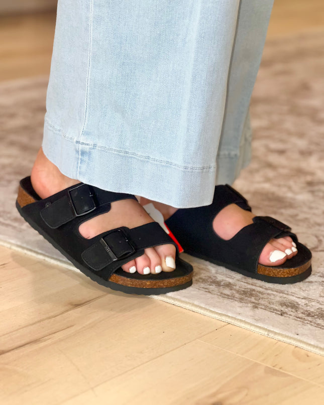 Double Buckle Suede Sandal - Black