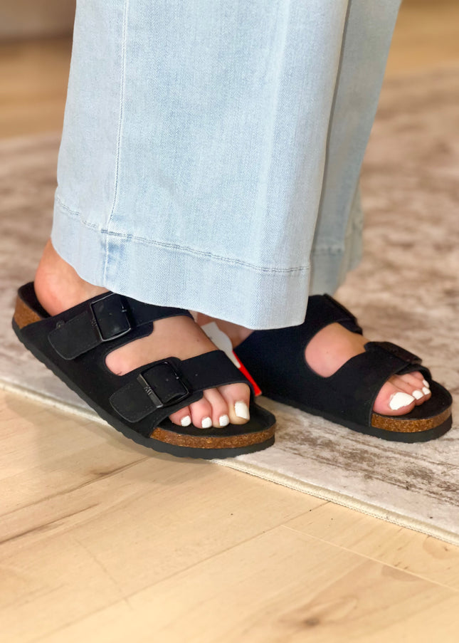 Double Buckle Suede Sandal - Black