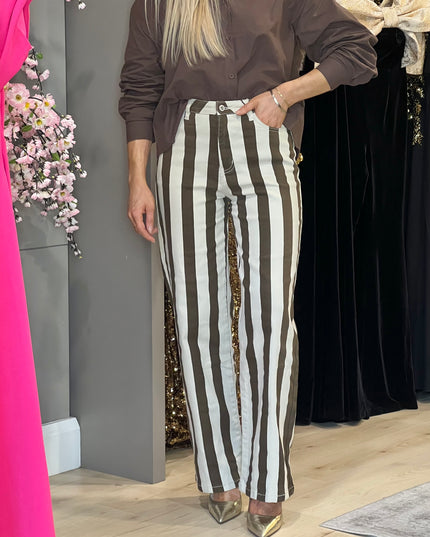 Striped Wide Leg Jeans -Brown/Cream