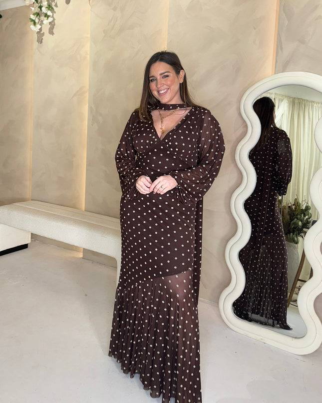 Petula Scarf Mesh Maxi Dress - Brown and Cream Polka Dot
