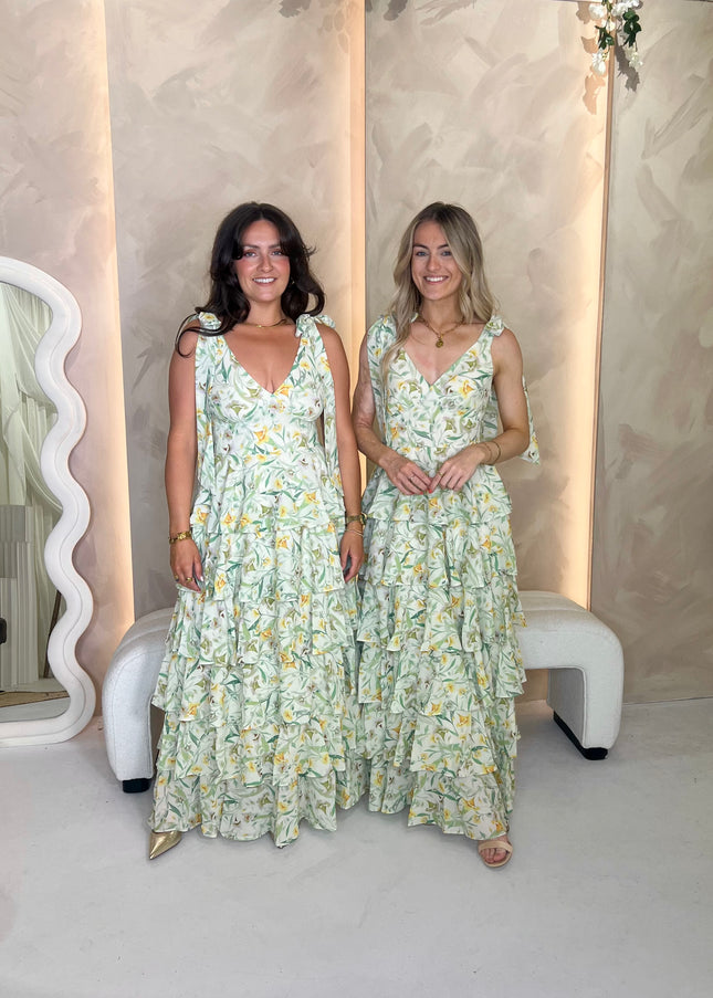 Fiore Tie Ruffle Maxi Dress - Sage Floral