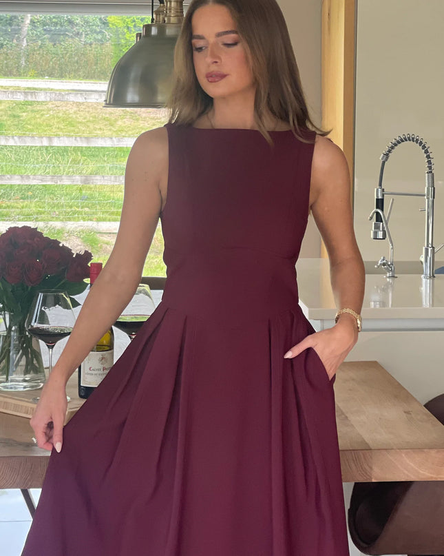Nesta Boat Neck Skater Midi Dress- Berry