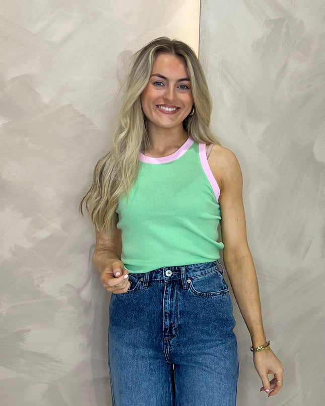 Contrast Ribbed Vest - Green/Pink