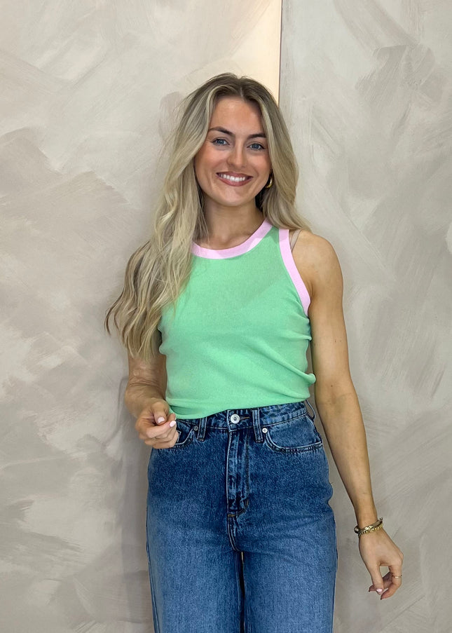 Contrast Ribbed Vest - Green/Pink