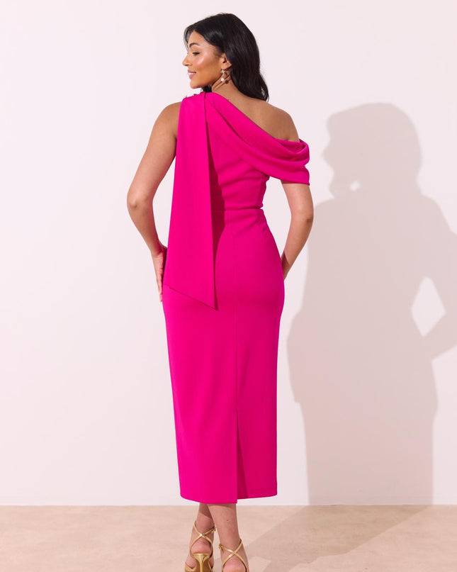 Eleni Drape Embellished Shoulder Midi Dress - Pink