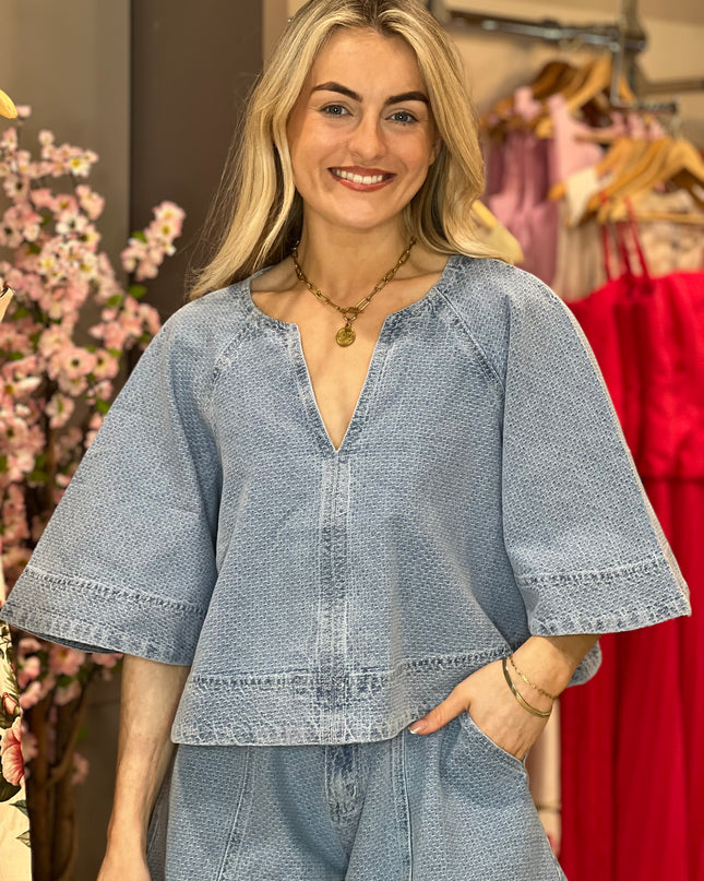 Citrine Textured Denim Blouse - Blue