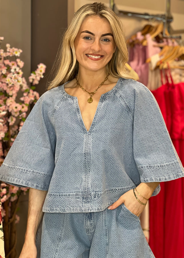Citrine Textured Denim Blouse - Blue