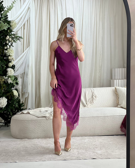 Asymmetric Satin Lace Dress - Plum
