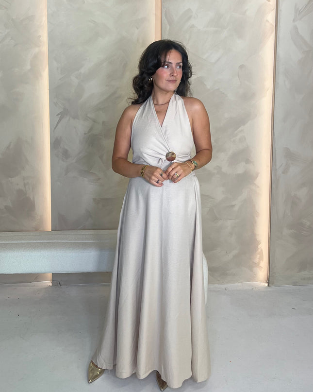 Halter Dress with Brooch Detail - Beige