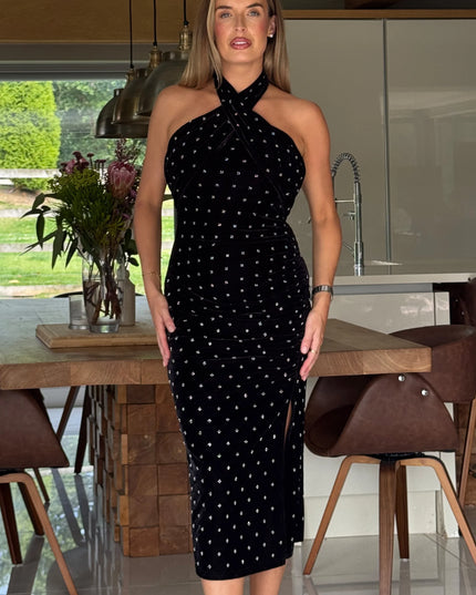 Bessie Halter Neck Side Split Midi Dress Beaded Velvet - Black