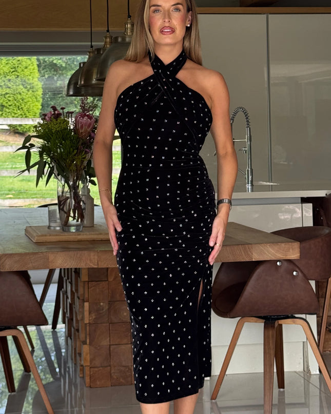 Bessie Halter Neck Side Split Midi Dress Beaded Velvet - Black