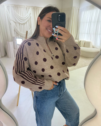 Polka Dot Full Zip Knit - Beige/Burgundy