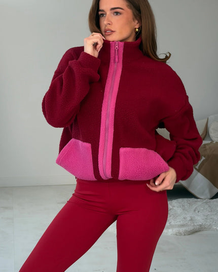 Mimi Contrast Pocket Full Zip Fleece - Wine