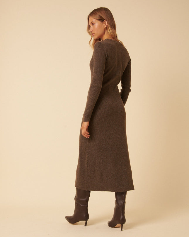 Brown Ribbed Knitted Midi Dress