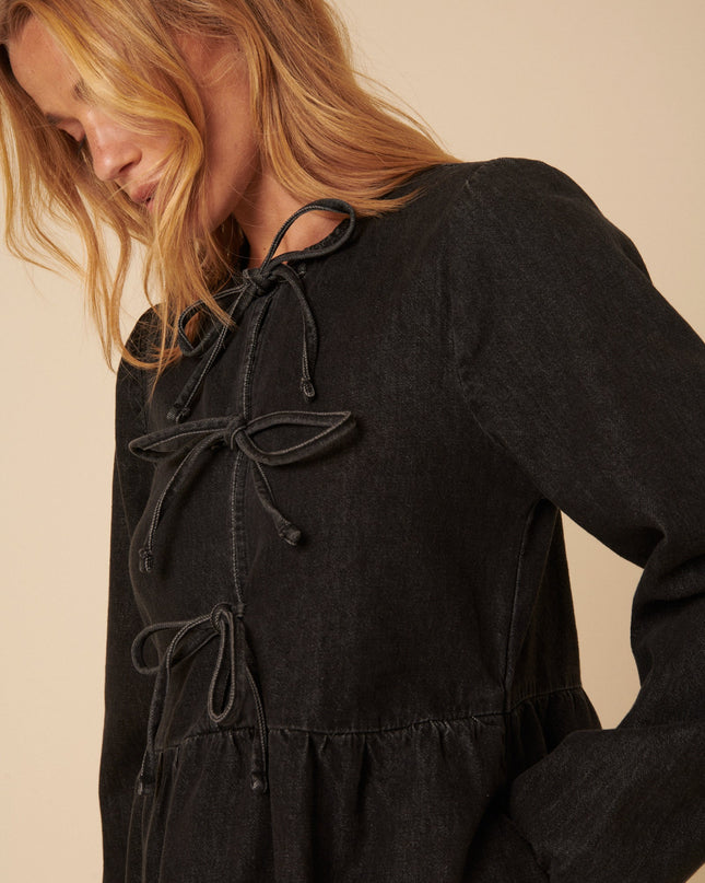 Tie Front Eden Mini Dress Petite - Black Denim
