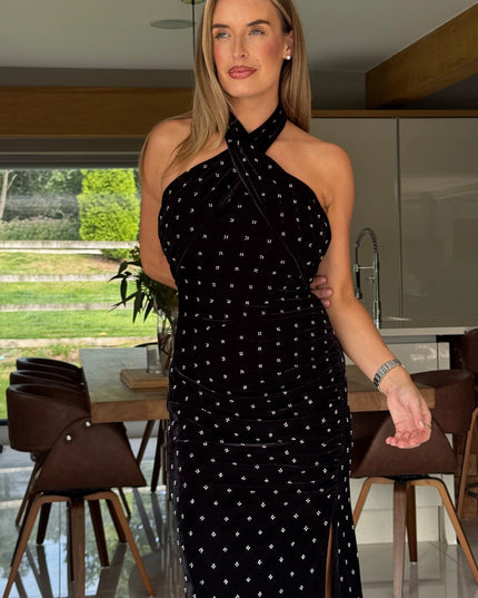 Bessie Halter Neck Side Split Midi Dress Beaded Velvet - Black