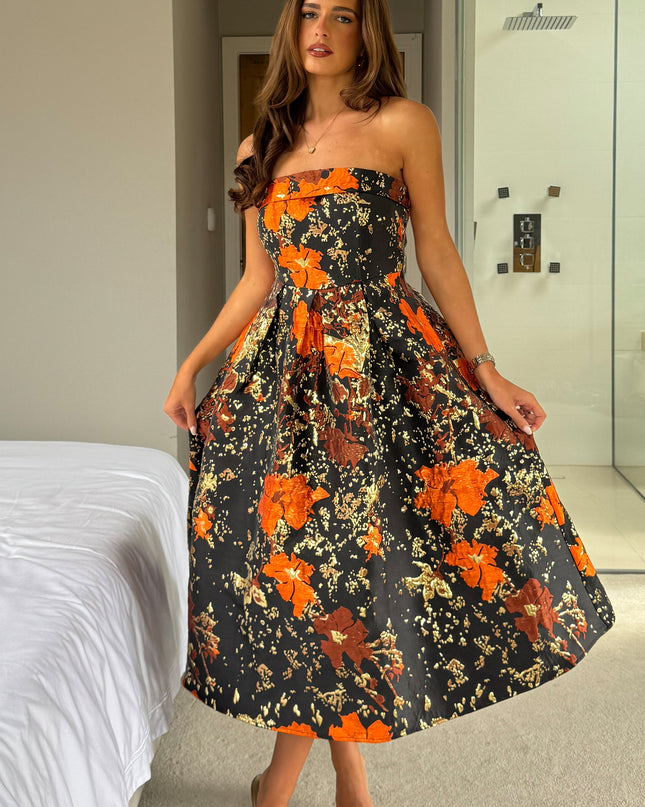 Danni Strapless Bandeau Midi Dress - Black And Gold