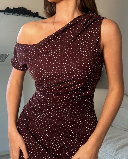 Donna Asymmetric Neckline Midi Dress - Brown Spot