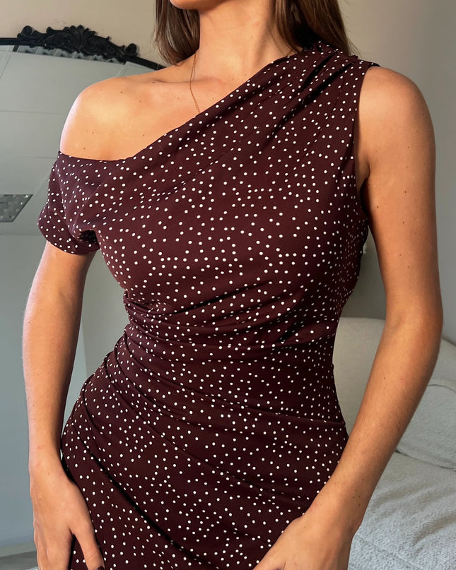 Donna Asymmetric Neckline Midi Dress - Brown Spot