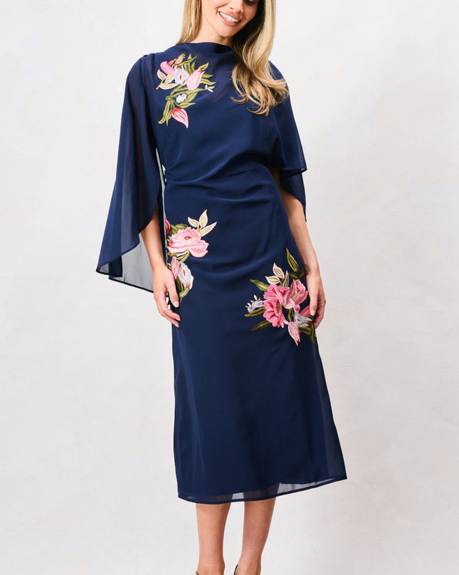 Ludmila Embroidered Caped Dress - Navy