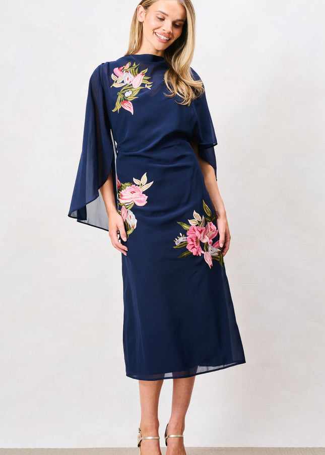 Ludmila Embroidered Caped Dress - Navy