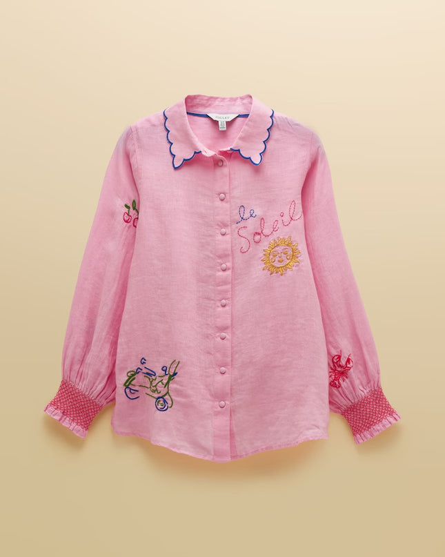 Orla Embroidered Icons Linen Shirt - Pink