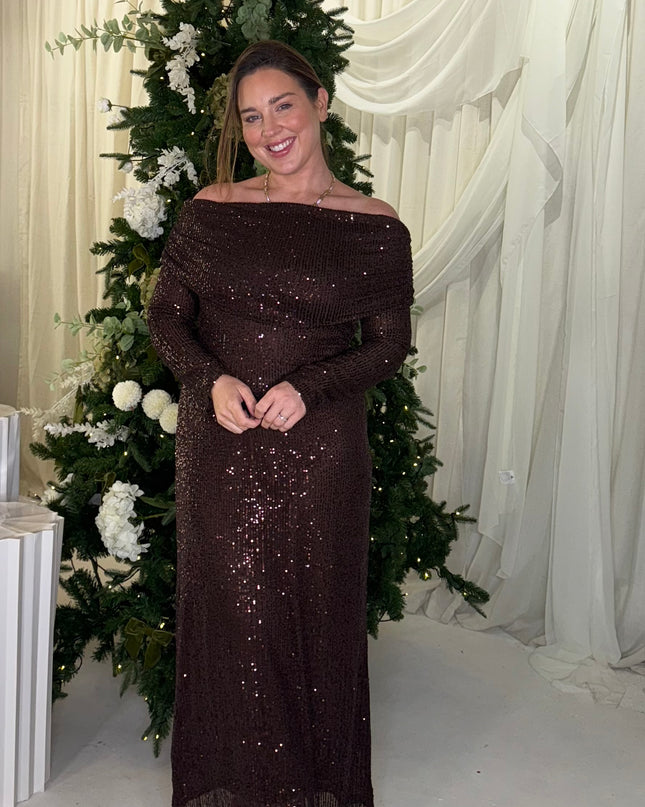 Bardot Sequin Midi Dress - Brown