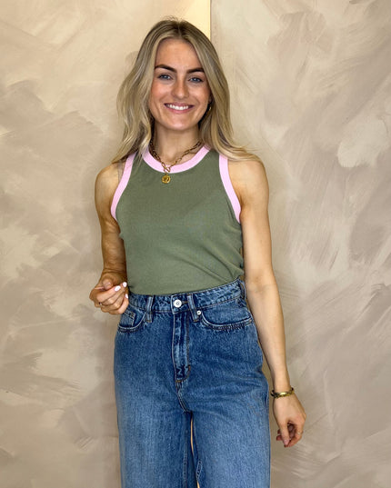 Contrast Ribbed Vest - Khaki/Pink