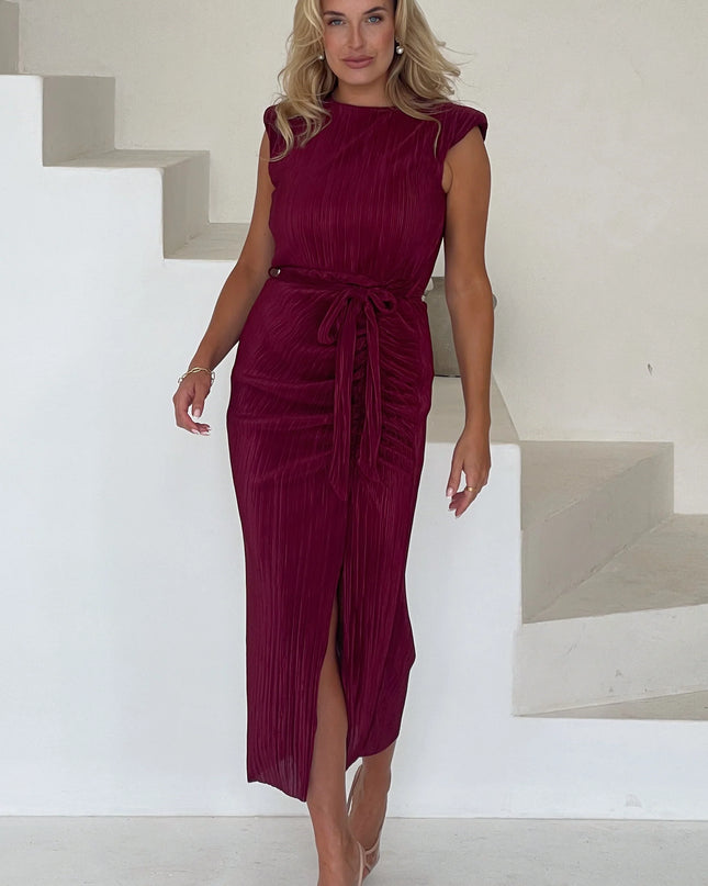 Elena Ruched Seamed Midi Dress - Wine