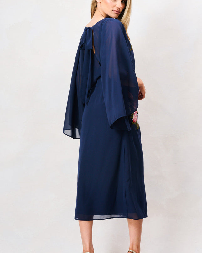 Ludmila Embroidered Caped Dress - Navy