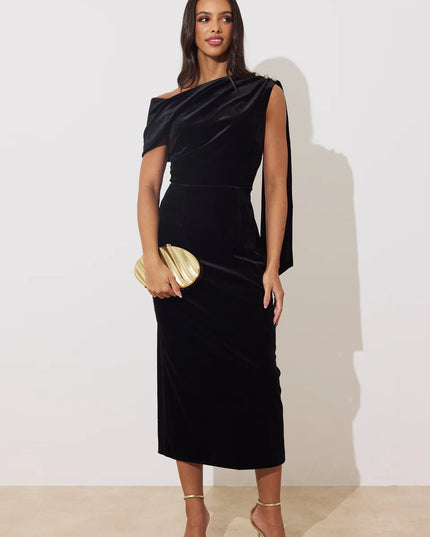 Eleni Drape Midi Dress - Black Velvet