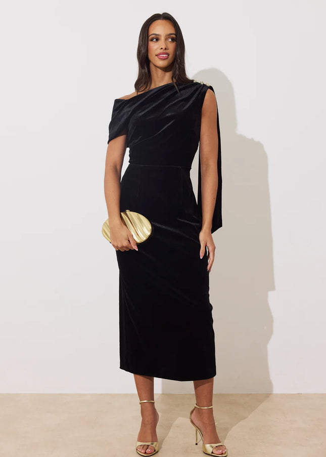 Eleni Drape Midi Dress - Black Velvet