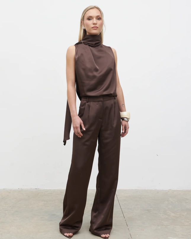 Breya Satin Tailored Trouser - Brown
