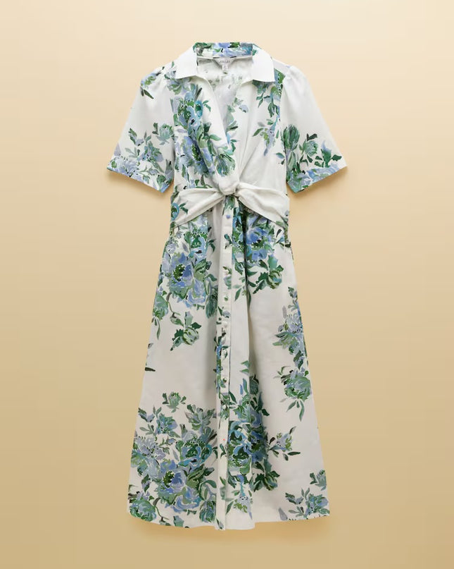 Marina Floral Midi Linen Blend Dress - White/Blue