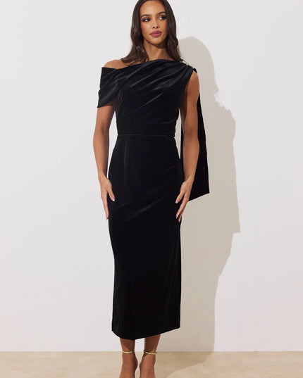 Eleni Drape Midi Dress - Black Velvet