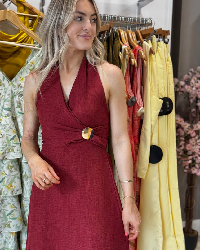 Halter Dress with Brooch Detail - Burgundy