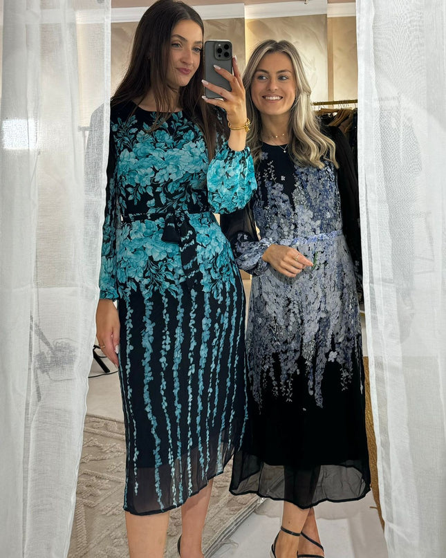 Harlow Floral Belted Long Sleeve Midi Dress- Blue
