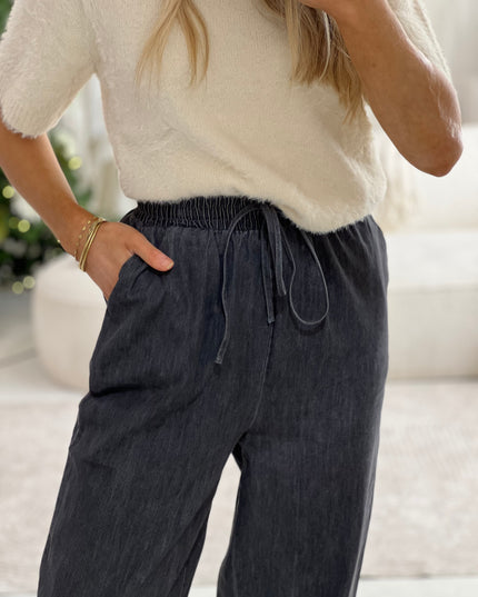 Wide Leg Soft Touch Drawstring Trouser - Washed Black