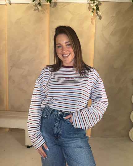 Guess Jeans Stripe Relaxed Tee - Burgundy/Blue