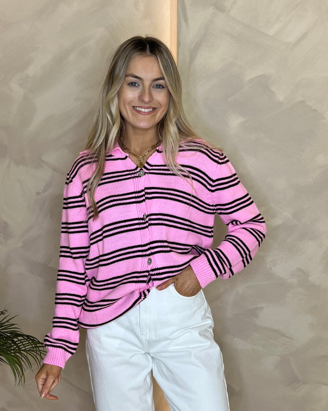 Bronte Stripe Collar Cardigan - Pink