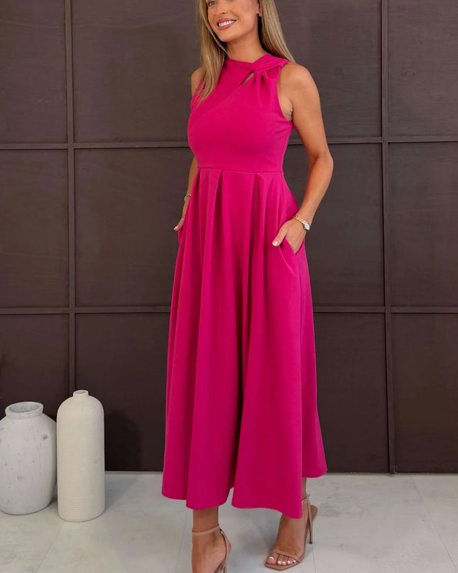 Anastasia Knot Detail Midi Dress - Hot Pink