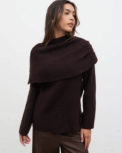 Tarla Exaggerated Drape Knit Jumper - Chocolate