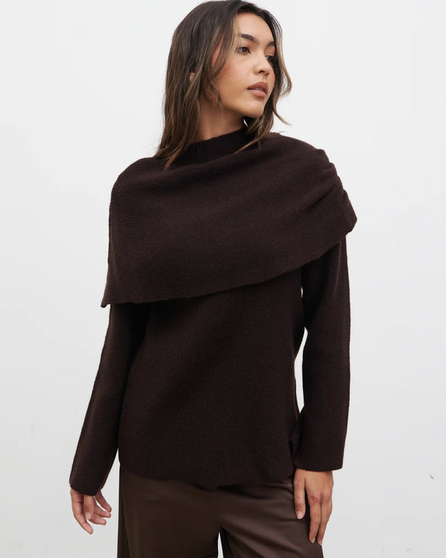 Tarla Exaggerated Drape Knit Jumper - Chocolate