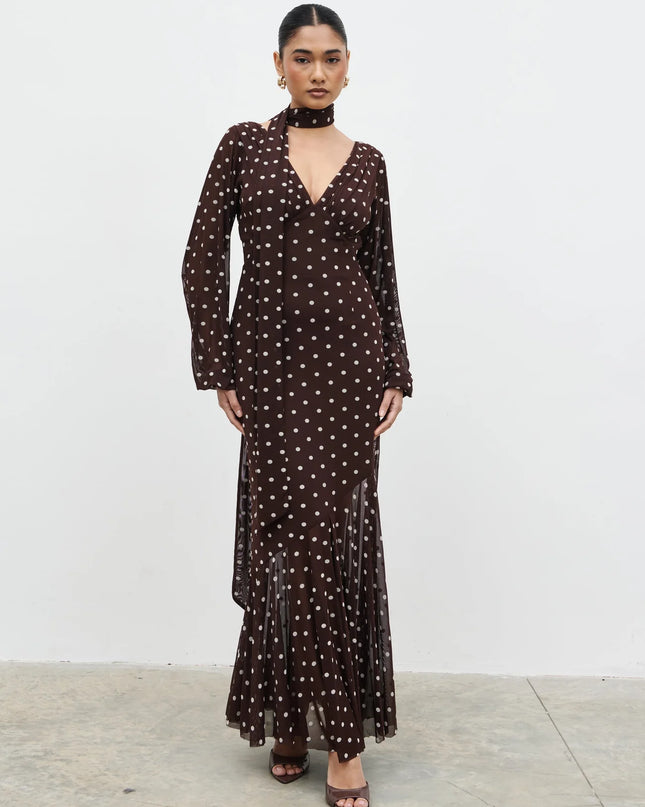 Petula Scarf Mesh Maxi Dress - Brown and Cream Polka Dot