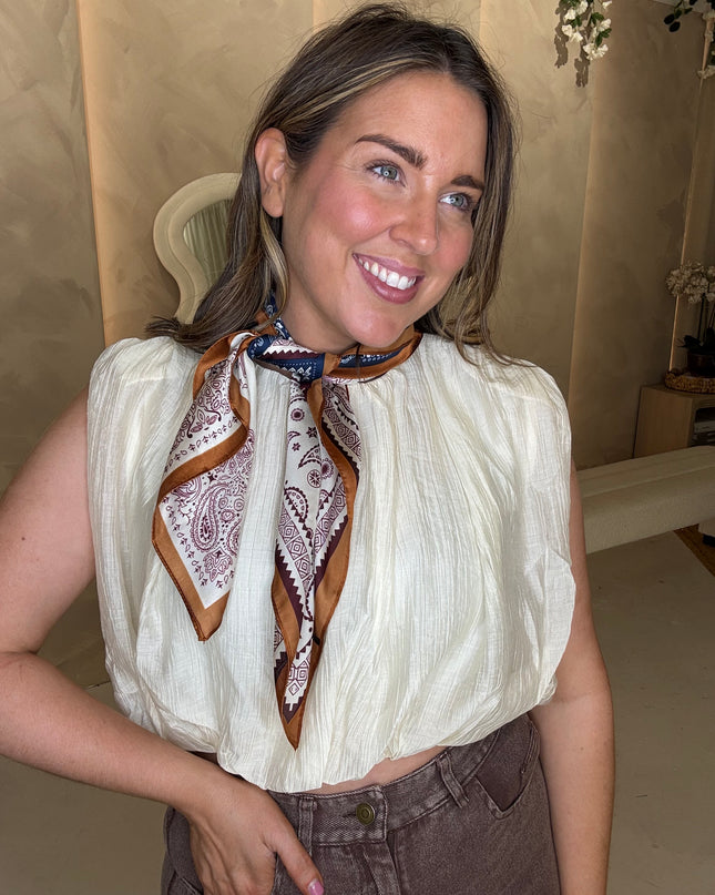 Paisley Silk Neck Scarf - Beige/Navy