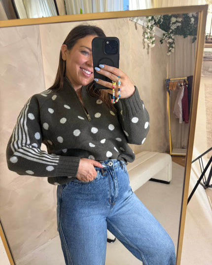 Polka Dot Quarter Zip Knit - Green