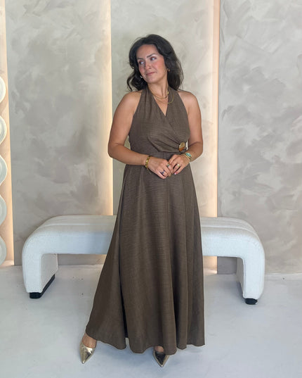 Halter Dress with Brooch Detail - Brown