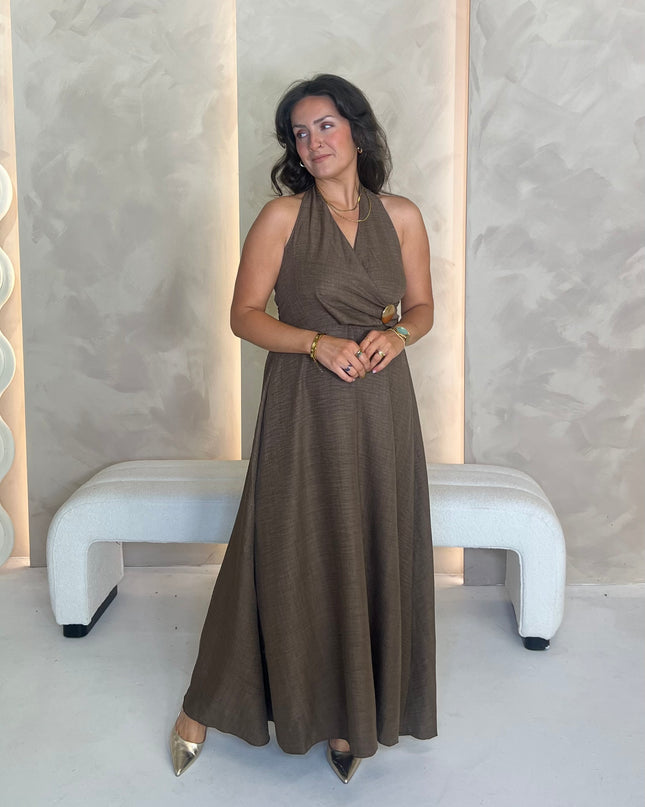 Halter Dress with Brooch Detail - Brown