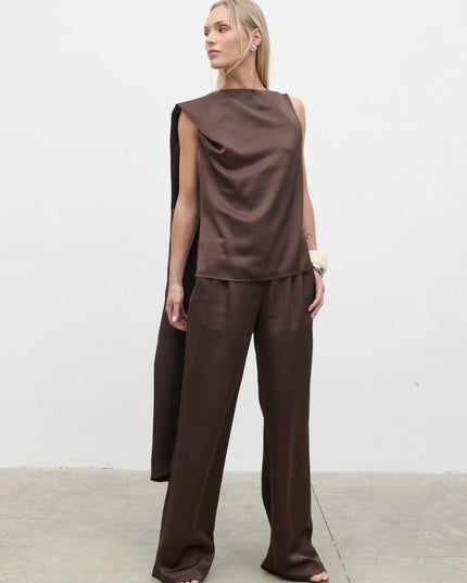 Breya Scarf Satin Top - Brown
